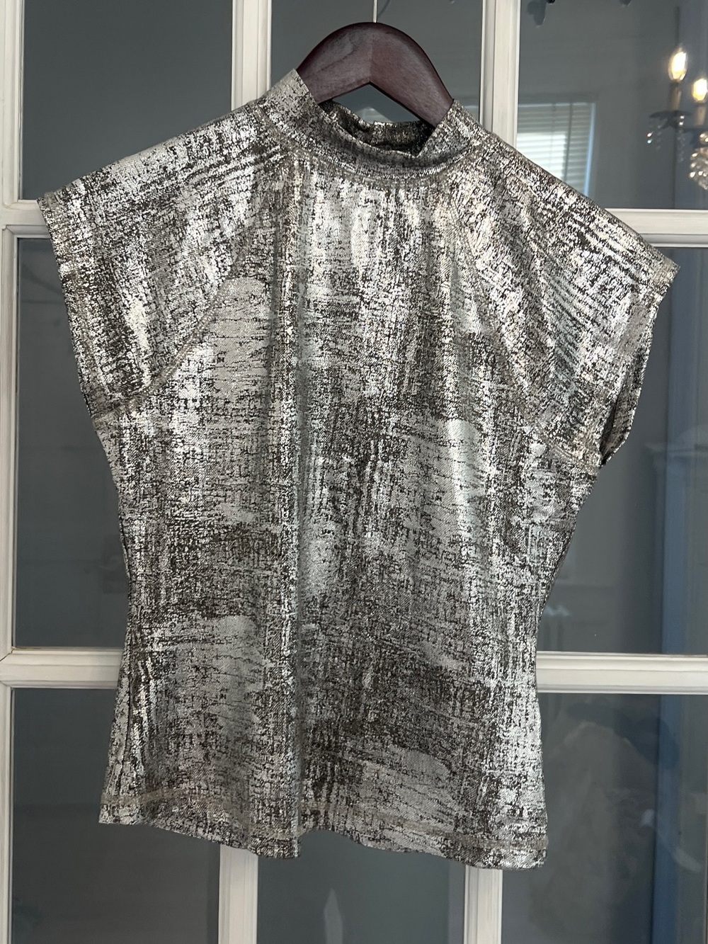 ANTHROPOLOGIE PILCRO Women's Silver Metallic Mock Neck Cap Sleeve Top Size XS - Picture 1 of 5